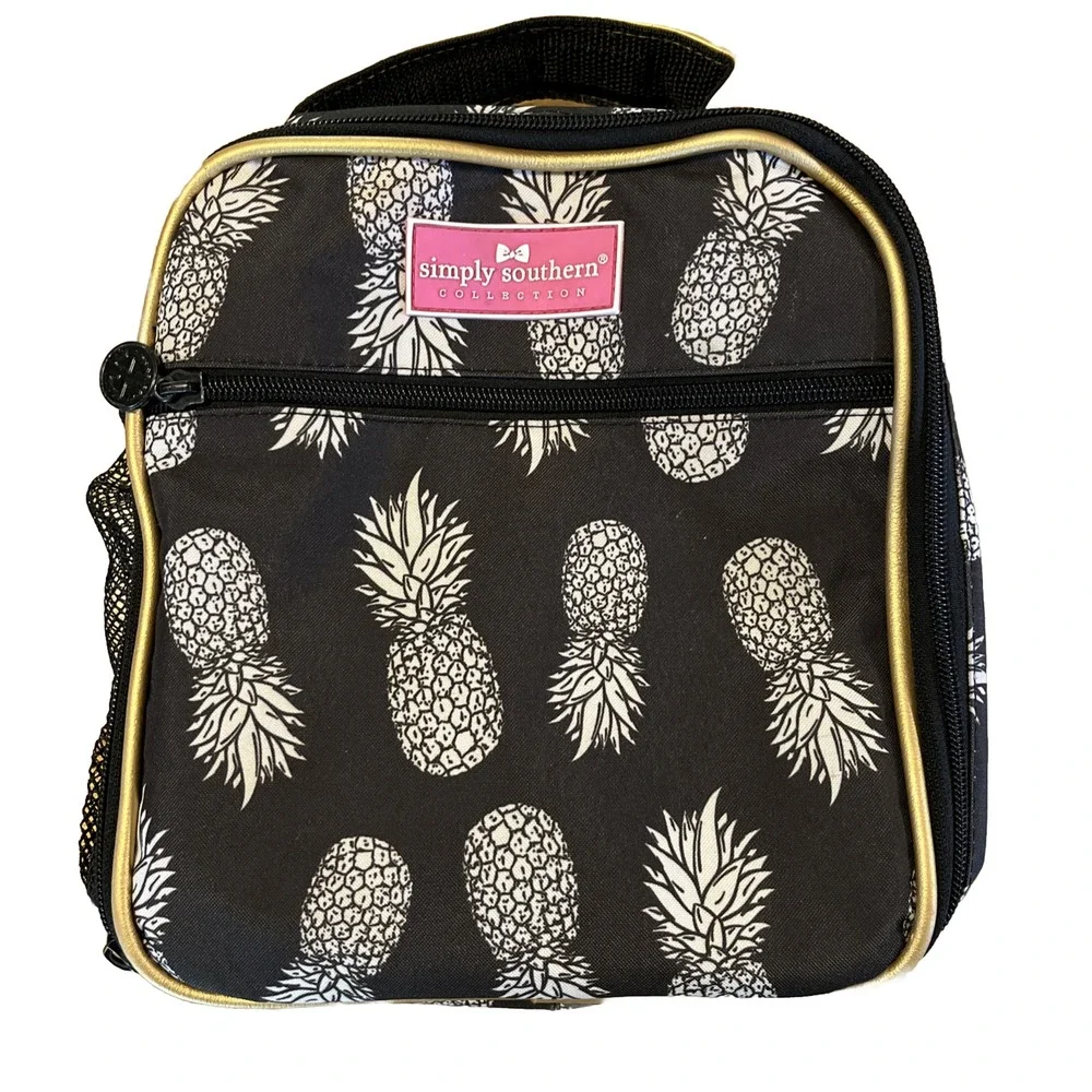 Simply Southern Pineapple Lunchbox Black White Gold Zip Closer Handle Pockets